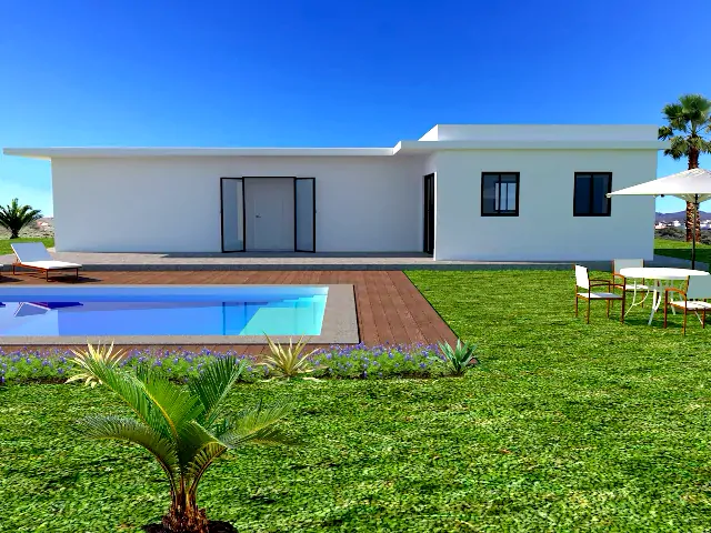 Casa prefabricada exterior piscina jardín